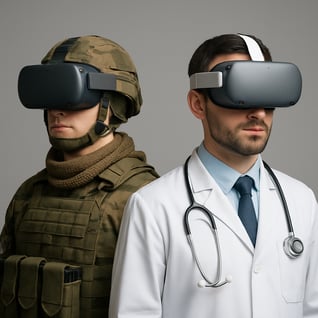 an image of a defence soldier and a dr side by side with VR headset on-1