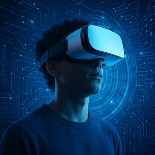 person with a VR headset on with a tech background